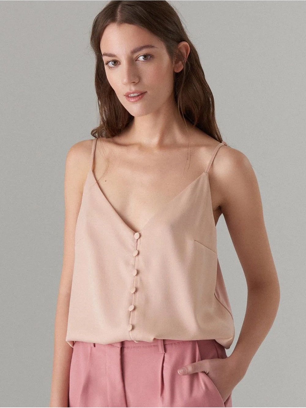 Eva Mendez X New York and Company Blush Pink Button-Front Spaghetti Strap Top